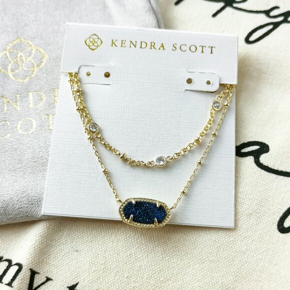 Kendra Scott Multi Strand Necklace - Elisa - Indigo Blue Drusy Gold - Picture 1 of 3